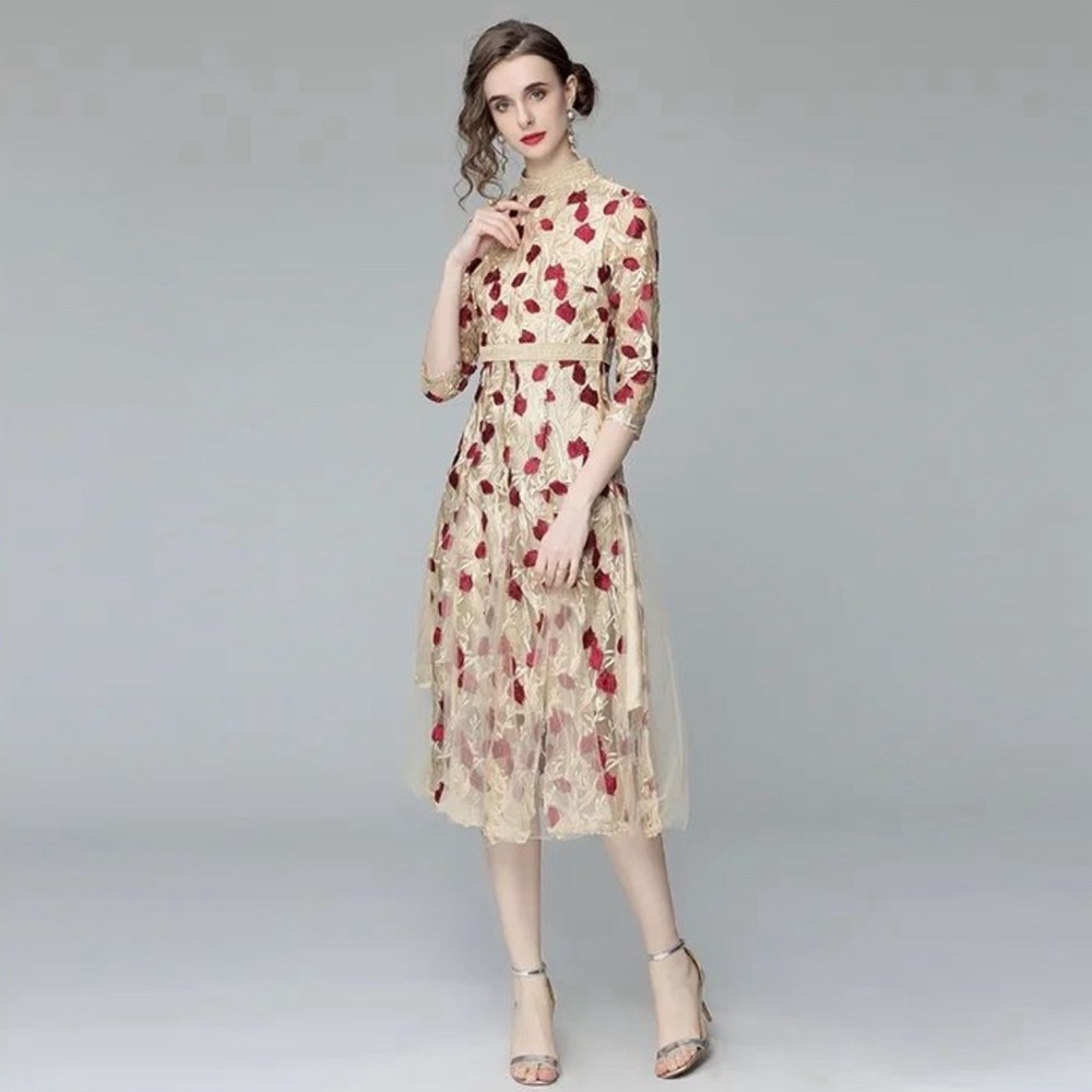 boutique floral embroidered midi dress M vintage look victorian fit & flare NWOT